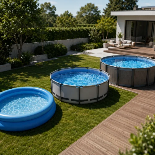 Above ground pool types compared in a backyard