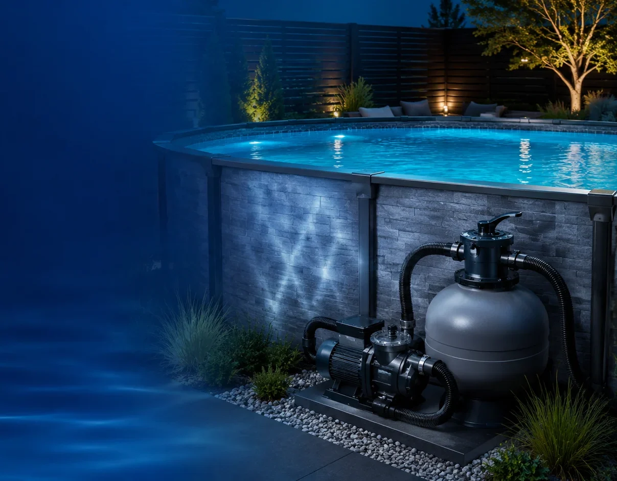 Above ground pool pump and filter setup in a backyard