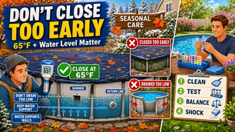 Above Ground Pool Seasonal Care: When to Close, How to Close, and How to Open Without a Week of Recovery Chemistry
